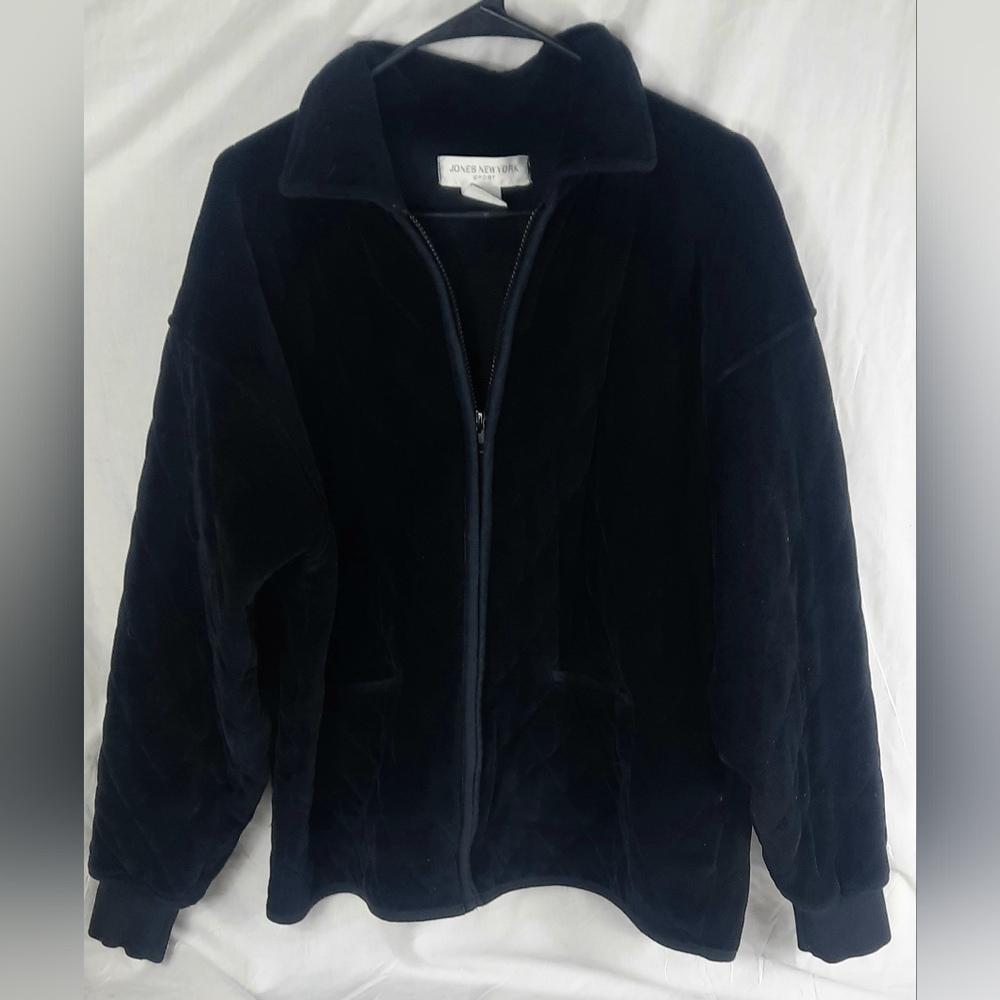 Jones New York Quilted Jacket Womens Large Black Cotton Blend Zip Front Long Slv